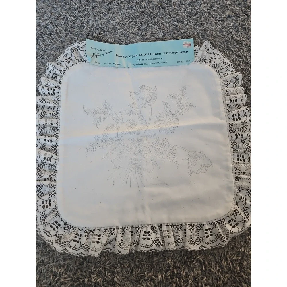 Vintage Nojae of Fairway Stamped 14x14 Hand Embroidery Pillow Top With Lace Trim